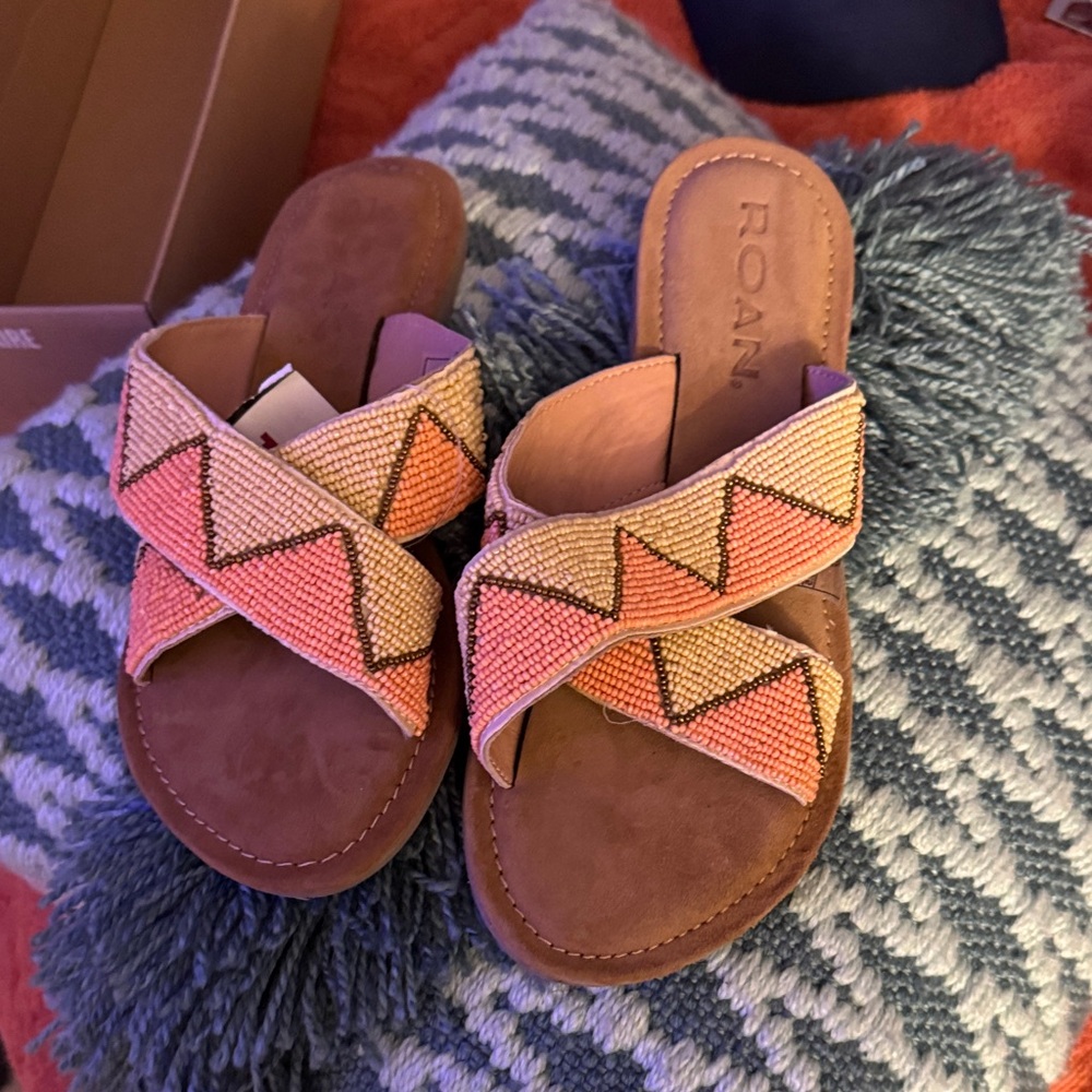 Pink and Tan Geometric Sandals with Leather Footbed